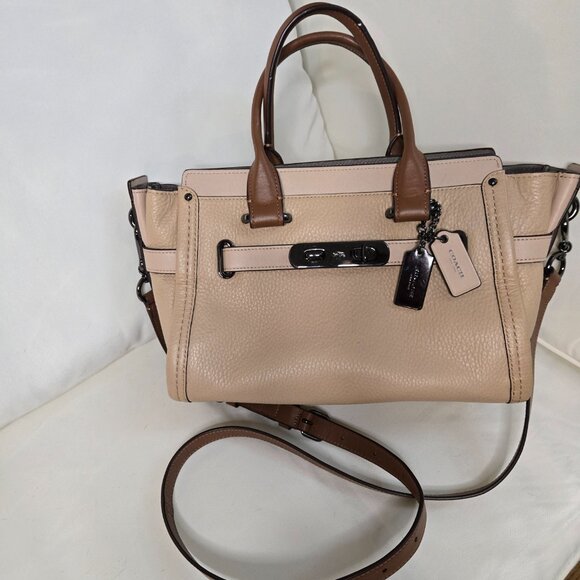 Coach Swagger 27 Carryall Pebble Leather Colorblock Beige Saddle Brown Gunmetal - Picture 6 of 8